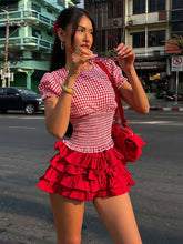 BXOXO Fashion 2-Piece Set Women Plaid Folds Puff Sleeves o-Neck Tops+Multi-Layered Bandage Ruffles Puffy Skirt Matching Suit